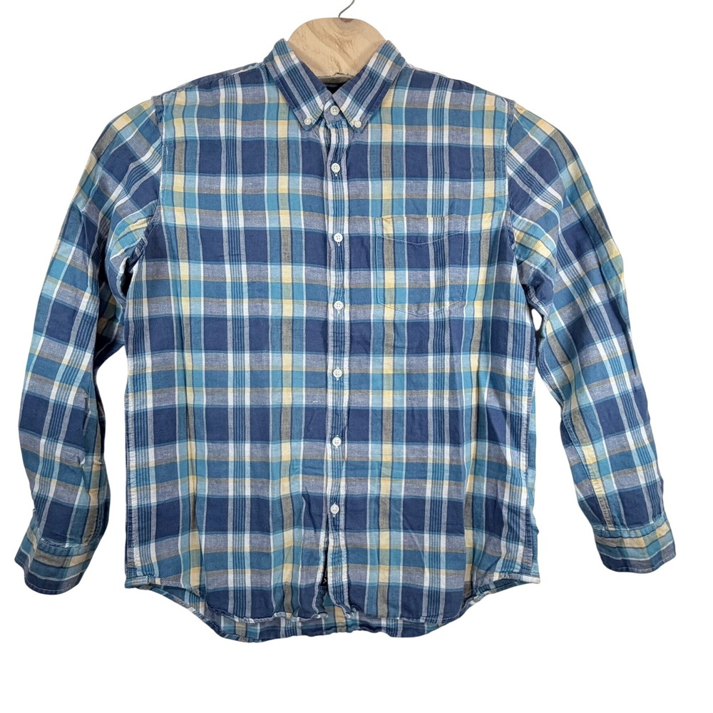 American Eagle Button Down Shirt Mens L Blue Yellow Plaid Linen Classic Fit